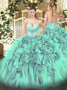 Elegant Turquoise Sweetheart Lace Up Beading and Ruffles Quinceanera Gown Sleeveless