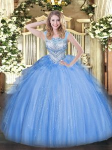 Blue Sleeveless Tulle Lace Up Quince Ball Gowns for Sweet 16 and Quinceanera