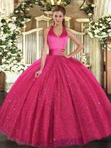 Sequins Vestidos de Quinceanera Hot Pink Lace Up Sleeveless Floor Length