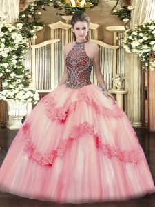 Charming Floor Length Ball Gowns Sleeveless Pink Quinceanera Gown Lace Up