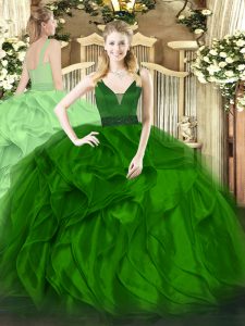 New Arrival Green Ball Gowns Beading and Ruffles Quinceanera Dresses Zipper Organza Sleeveless Floor Length