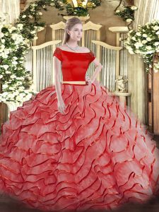 Enchanting Coral Red Two Pieces Off The Shoulder Short Sleeves Tulle Brush Train Zipper Ruffled Layers Quince Ball Gowns