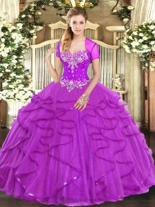 Floor Length Lace Up Quinceanera Gowns Fuchsia for Military Ball and Sweet 16 and Quinceanera with Beading and Ruffles