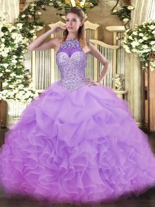 Floor Length Lavender Quince Ball Gowns Halter Top Sleeveless Lace Up