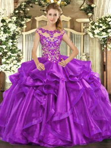 Romantic Eggplant Purple Ball Gowns Appliques and Ruffles Quinceanera Gown Lace Up Organza Cap Sleeves Floor Length