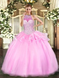 High End Pink Tulle Lace Up Halter Top Sleeveless Floor Length 15 Quinceanera Dress Beading