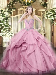 Sleeveless Floor Length Beading and Ruffles Lace Up Vestidos de Quinceanera with Pink