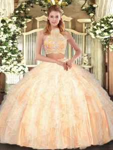 Charming Two Pieces Quinceanera Gowns Peach Halter Top Tulle Sleeveless Floor Length Criss Cross