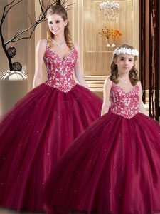 Noble Floor Length Lace Up 15 Quinceanera Dress Wine Red for Military Ball and Sweet 16 and Quinceanera with Lace
