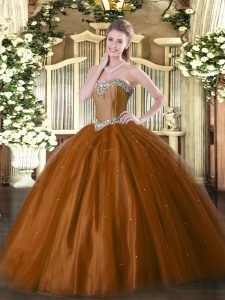 Sleeveless Floor Length Beading Lace Up Quinceanera Dresses with Rust Red