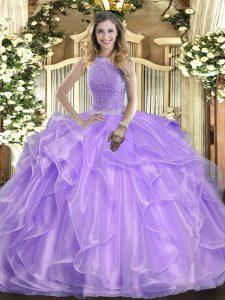 Colorful Lavender Ball Gowns High-neck Sleeveless Organza Floor Length Lace Up Beading and Ruffles Vestidos de Quinceanera