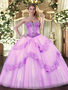 Lilac Sleeveless Floor Length Beading Lace Up Sweet 16 Dresses