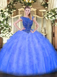 Floor Length Zipper Quince Ball Gowns Blue for Sweet 16 and Quinceanera with Beading and Ruffles