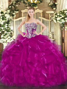Hot Sale Fuchsia Lace Up 15th Birthday Dress Beading and Ruffles Sleeveless Floor Length