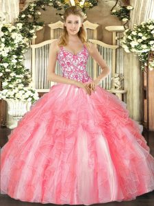Floor Length Ball Gowns Sleeveless Coral Red Quinceanera Gowns Lace Up