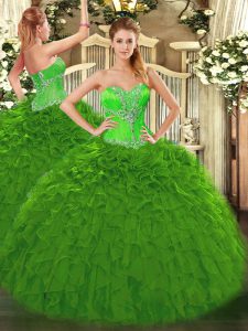 Elegant Green Quince Ball Gowns Sweet 16 and Quinceanera with Beading and Ruffles Sweetheart Sleeveless Lace Up