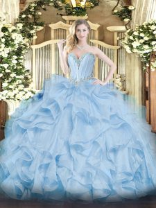 Blue Lace Up Sweetheart Beading and Ruffles Quince Ball Gowns Organza Sleeveless