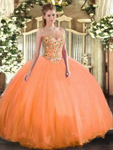 Glittering Orange Lace Up Quinceanera Gown Embroidery Sleeveless Floor Length