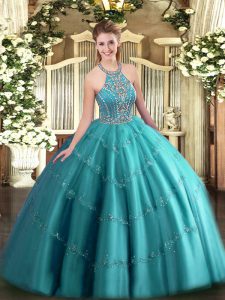 Floor Length Teal Quince Ball Gowns Halter Top Sleeveless Lace Up
