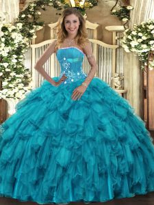 Teal Ball Gowns Beading and Ruffles Quinceanera Dress Lace Up Organza Sleeveless Floor Length