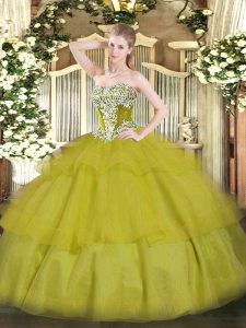 Sexy Strapless Sleeveless Lace Up Vestidos de Quinceanera Olive Green Tulle