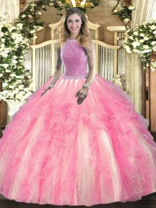 Ideal Sleeveless Tulle Floor Length Lace Up Quince Ball Gowns in Rose Pink with Beading and Ruffles