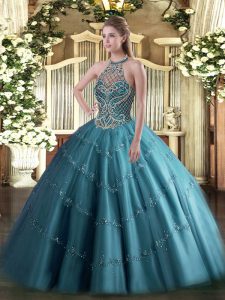 Teal Halter Top Lace Up Beading Quinceanera Gowns Sleeveless