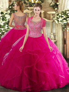 Scoop Sleeveless Clasp Handle Quinceanera Gowns Hot Pink Tulle