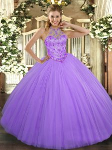Sumptuous Sleeveless Tulle Floor Length Lace Up Sweet 16 Dresses in Lavender with Beading