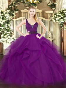 Straps Sleeveless Sweet 16 Dresses Floor Length Beading and Ruffles Purple Tulle