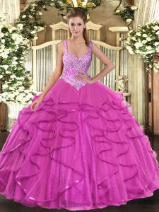 Latest Fuchsia Sleeveless Floor Length Beading and Ruffles Lace Up 15th Birthday Dress