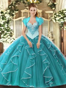 Pretty Floor Length Ball Gowns Sleeveless Teal Sweet 16 Dress Lace Up
