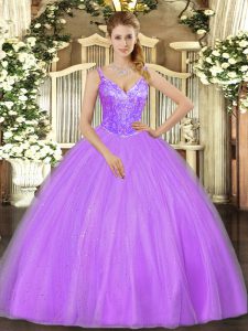 Sumptuous V-neck Sleeveless Lace Up Quinceanera Gowns Lavender Tulle