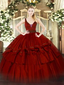 Artistic Floor Length Wine Red Quinceanera Gowns Organza Sleeveless Beading and Ruffled Layers