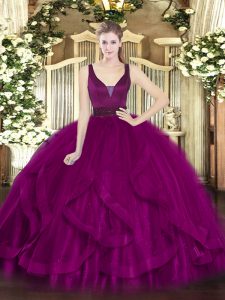 Custom Made Floor Length Zipper 15 Quinceanera Dress Fuchsia for Military Ball and Sweet 16 and Quinceanera with Beading and Ruffles