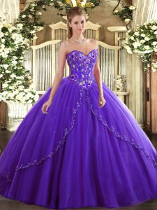 Ideal Purple Sleeveless Appliques and Embroidery Lace Up Quinceanera Gown