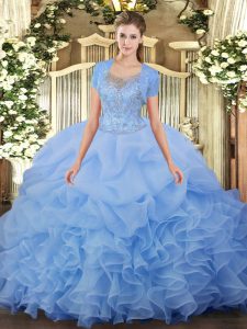 Floor Length Clasp Handle 15 Quinceanera Dress Aqua Blue for Military Ball and Sweet 16 and Quinceanera with Beading and Ruffled Layers