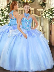 Popular Floor Length Baby Blue Ball Gown Prom Dress Halter Top Sleeveless Lace Up