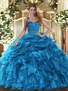 Cheap Baby Blue Ball Gowns Halter Top Sleeveless Organza Floor Length Lace Up Ruffles and Pick Ups Sweet 16 Dresses