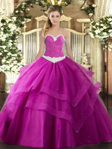 Fantastic Floor Length Lace Up Sweet 16 Dresses Fuchsia for Military Ball and Sweet 16 and Quinceanera with Appliques and Ruffled Layers