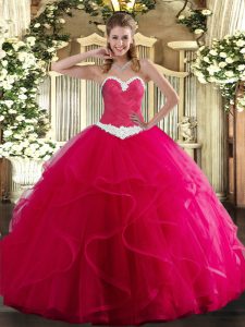 Floor Length Hot Pink Ball Gown Prom Dress Tulle Sleeveless Appliques and Ruffles