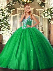 Sexy Green Ball Gowns Straps Sleeveless Tulle Floor Length Lace Up Beading 15th Birthday Dress