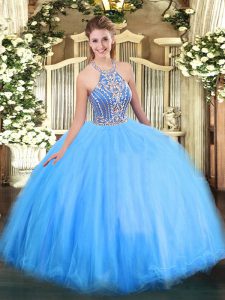 Fine Blue Halter Top Neckline Beading Quinceanera Dress Sleeveless Lace Up