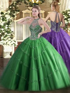 Green Sweet 16 Dresses Sweet 16 and Quinceanera with Beading Halter Top Sleeveless Lace Up