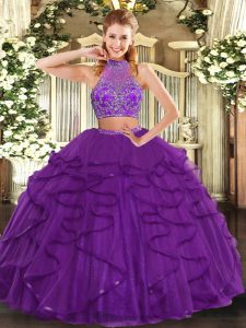 Superior Halter Top Sleeveless Quinceanera Dresses Floor Length Beading and Ruffled Layers Purple Tulle