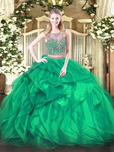 Turquoise Sleeveless Organza Lace Up 15 Quinceanera Dress for Military Ball and Sweet 16 and Quinceanera