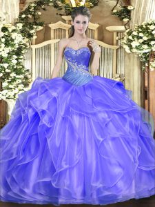 Traditional Blue Sleeveless Floor Length Beading and Ruffles Lace Up Sweet 16 Quinceanera Dress