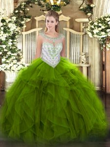 Modest Green Sleeveless Beading and Ruffles Floor Length 15th Birthday Dress