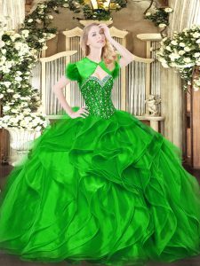 Floor Length Green Quince Ball Gowns Organza Sleeveless Beading and Ruffles