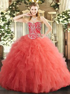 Watermelon Red Tulle Lace Up Sweetheart Sleeveless Floor Length Sweet 16 Dresses Beading and Ruffles